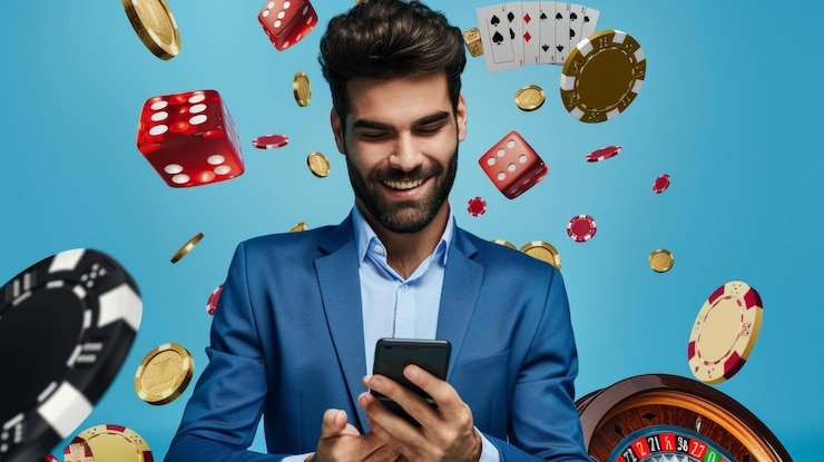 Grid permainan Galactic Gems dengan simbol batu mulia dan latar belakang luar angkasa